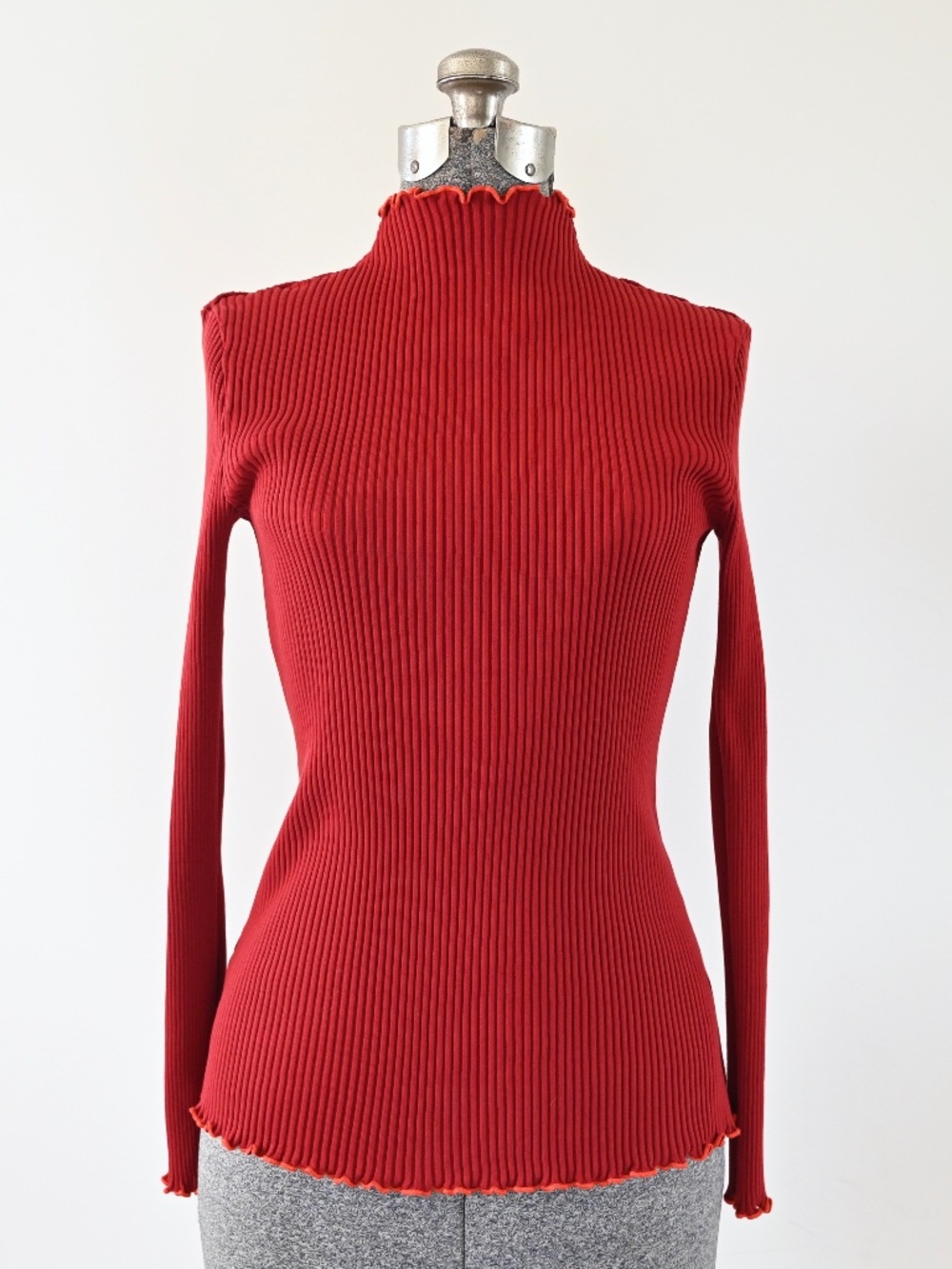 COS Red Cotton Ribbed Lettuce Edge High Neck Top S